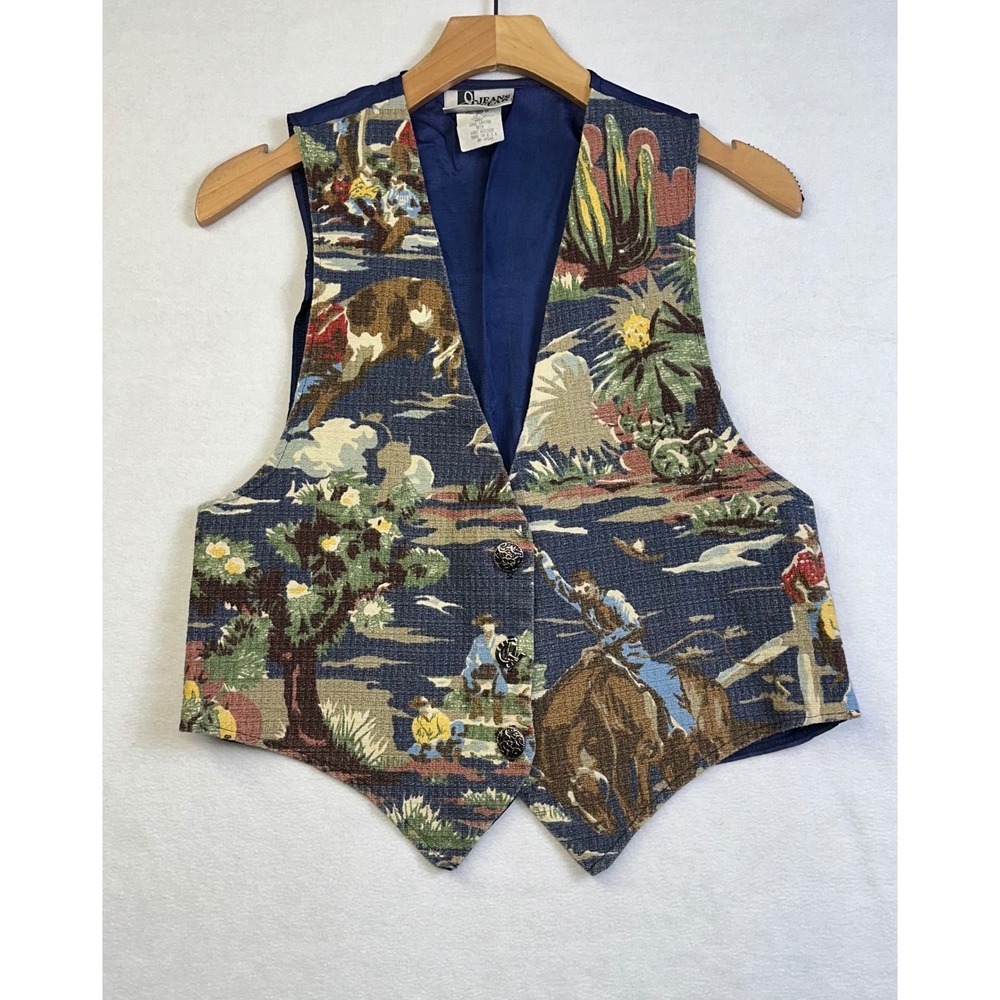 Vintage Q-Jeans Wear Tapestry Western Cowboy Vest Blue Cotton Medium Made in USA